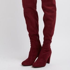 Burgundy Suede Tie Back Over The Knee Boots
